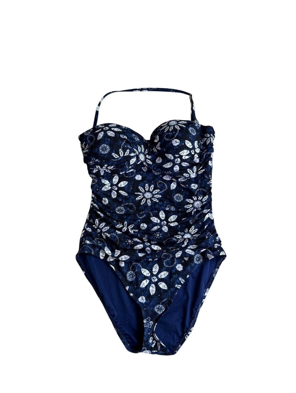 Rod Beattie Take A Dip Shirred Bandeau One Piece Swimsuit Navy Size 14 NWT